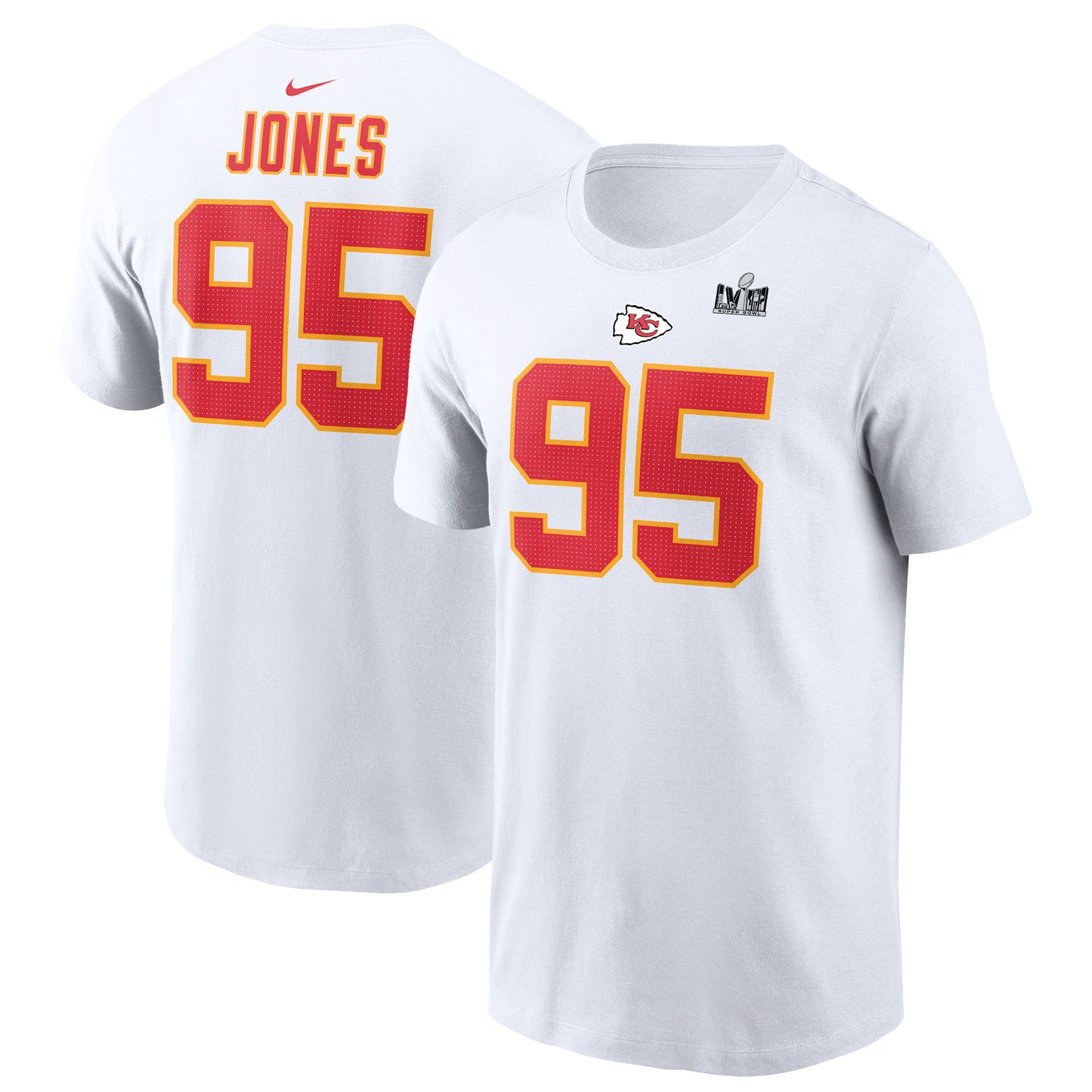 Men's Nike Chris Jones White Kansas City Chiefs Super Bowl LVIII Patch Name & Number T-Shirt