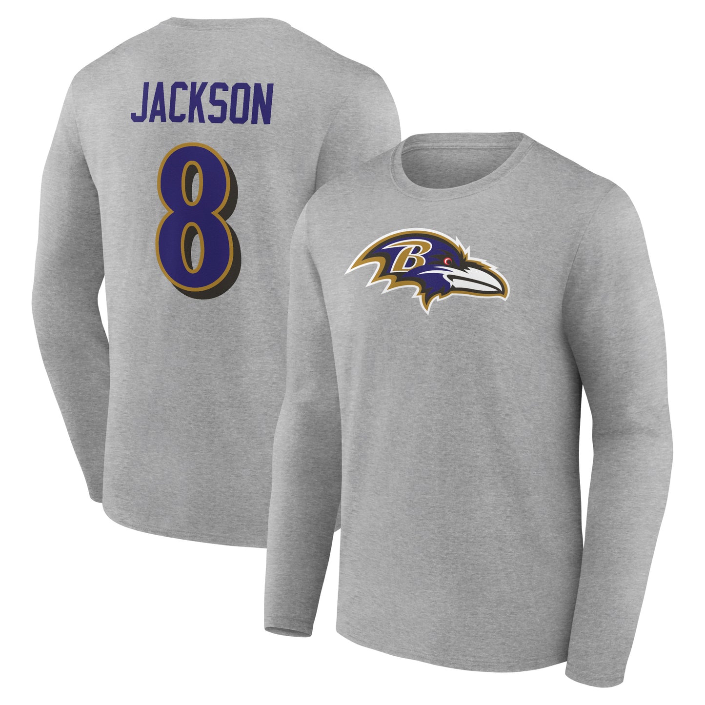 Men's Lamar Jackson Gray Baltimore Ravens Icon Player Name & Number Long Sleeve T-Shirt