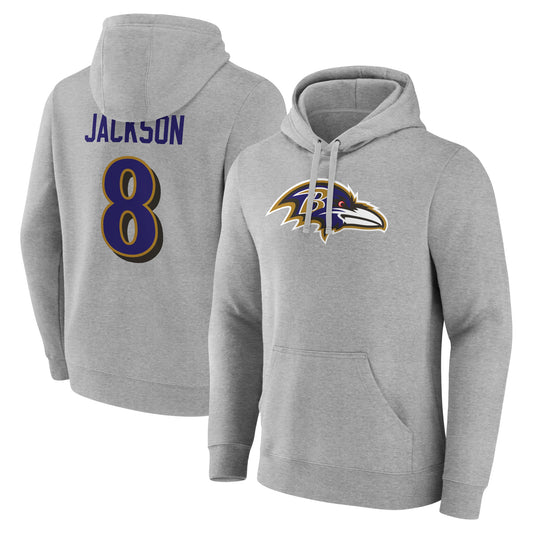 Men's Lamar Jackson Gray Baltimore Ravens Icon Player Name & Number Pullover Hoodie