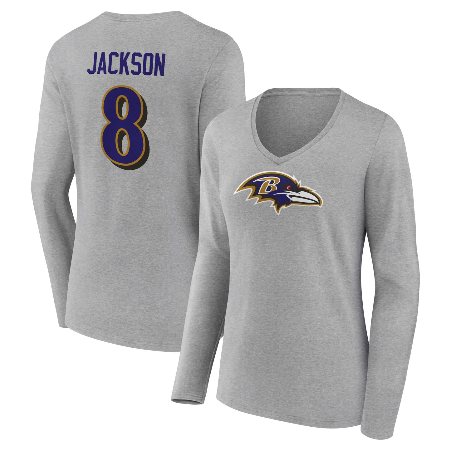 Women's Lamar Jackson Gray Baltimore Ravens Icon Player Name & Number Long Sleeve V-Neck T-Shirt