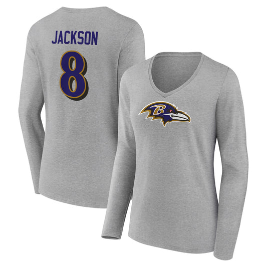 Women's Lamar Jackson Gray Baltimore Ravens Icon Player Name & Number Long Sleeve V-Neck T-Shirt