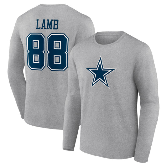 Men's CeeDee Lamb Gray Dallas Cowboys Icon Player Name & Number Long Sleeve T-Shirt