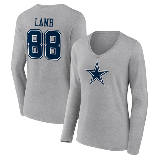 Women's CeeDee Lamb Gray Dallas Cowboys Icon Player Name & Number Long Sleeve V-Neck T-Shirt