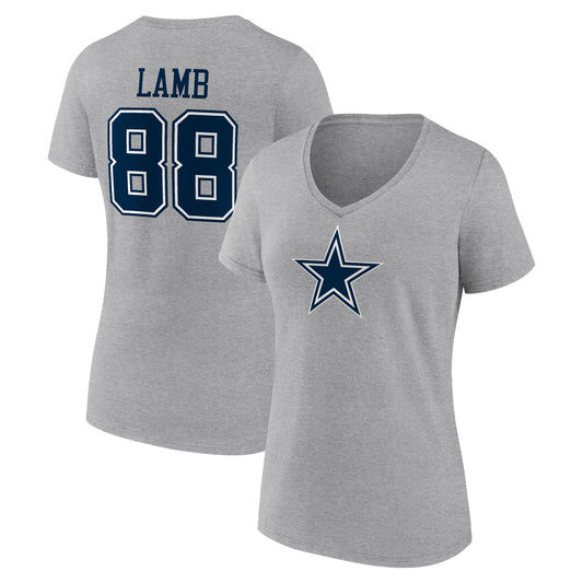 Women's CeeDee Lamb Gray Dallas Cowboys Icon Player Name & Number V-Neck T-Shirt