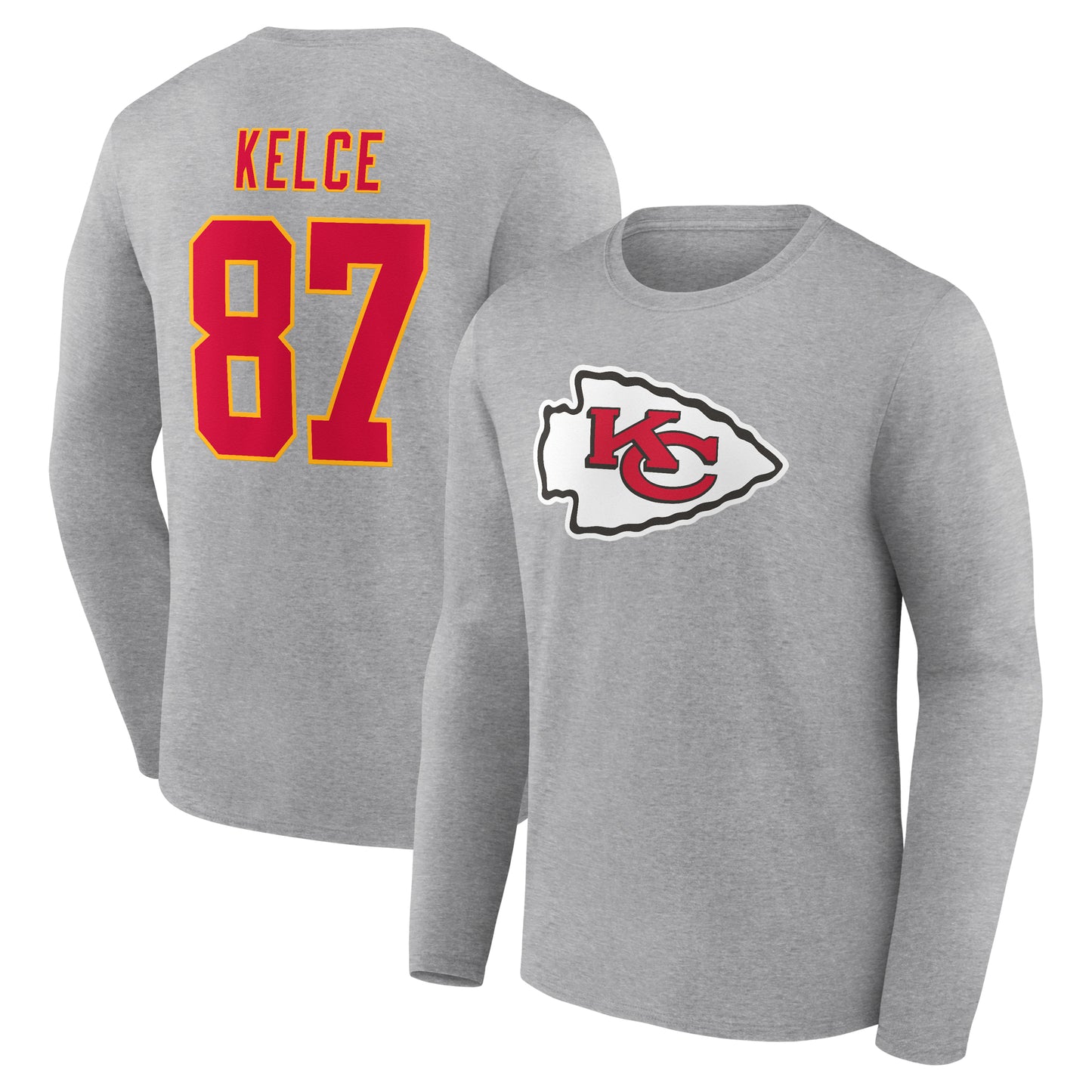 Men's Travis Kelce Gray Kansas City Chiefs Icon Player Name & Number Long Sleeve T-Shirt