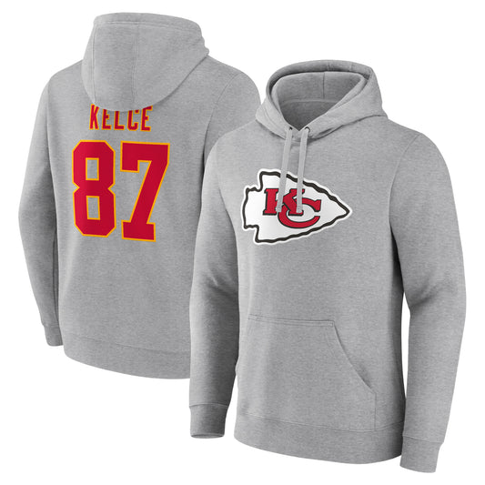 Men's Travis Kelce Gray Kansas City Chiefs Icon Player Name & Number Pullover Hoodie