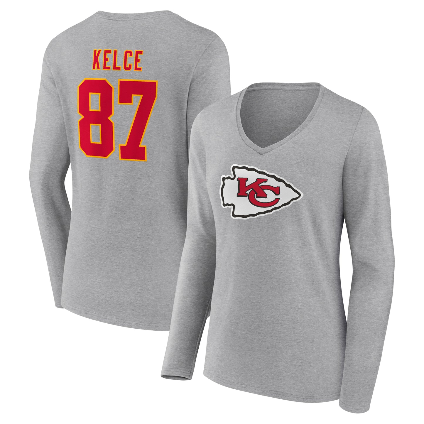 Women's Travis Kelce Gray Kansas City Chiefs Icon Player Name & Number Long Sleeve V-Neck T-Shirt