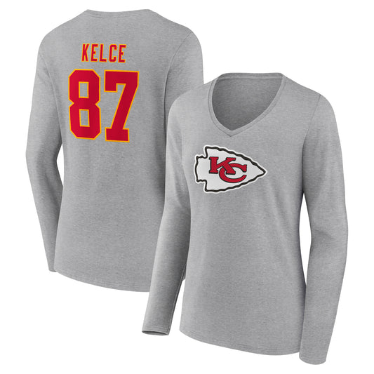 Women's Travis Kelce Gray Kansas City Chiefs Icon Player Name & Number Long Sleeve V-Neck T-Shirt