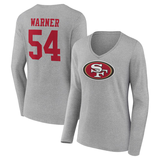 Women's Fred Warner Gray San Francisco 49ers Icon Player Name & Number Long Sleeve V-Neck T-Shirt