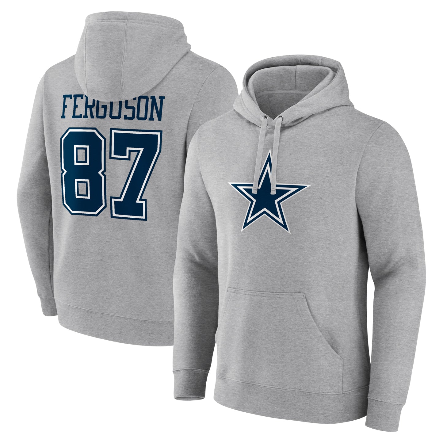 Men's Jake Ferguson Gray Dallas Cowboys Icon Player Name & Number Pullover Hoodie