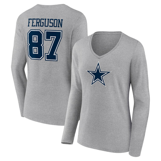 Women's Jake Ferguson Gray Dallas Cowboys Icon Player Name & Number Long Sleeve V-Neck T-Shirt