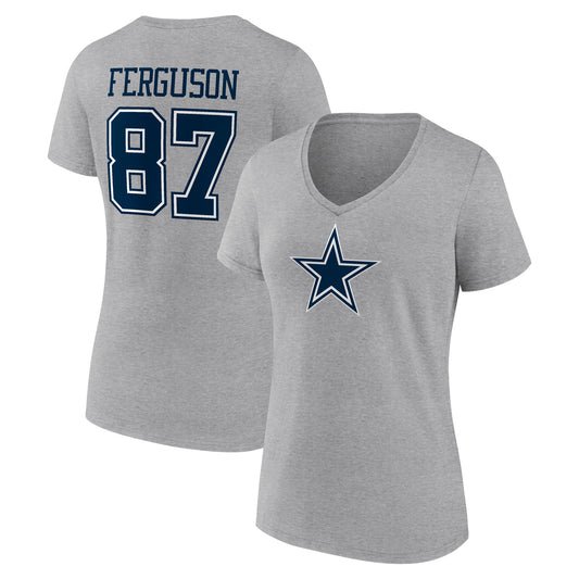 Women's Jake Ferguson Gray Dallas Cowboys Icon Player Name & Number V-Neck T-Shirt