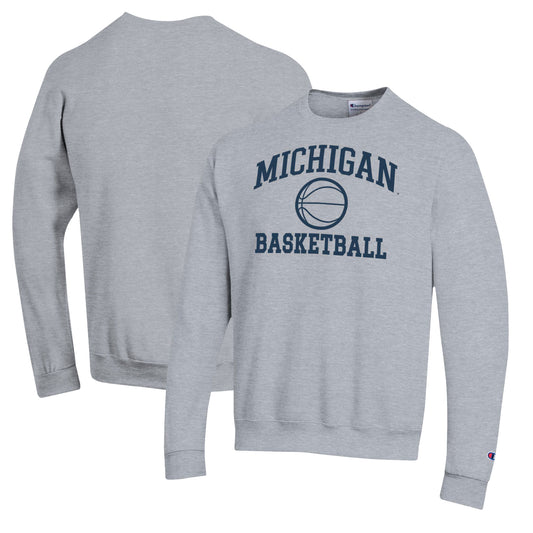 Men's Champion Heather Gray Michigan Wolverines Basketball Icon Pullover Crewneck Sweatshirt