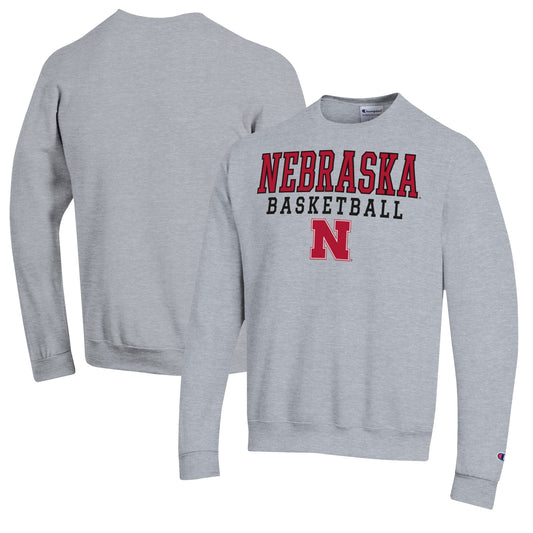 Men's Champion Heather Gray Nebraska Huskers Basketball Stack Pullover Crewneck Sweatshirt