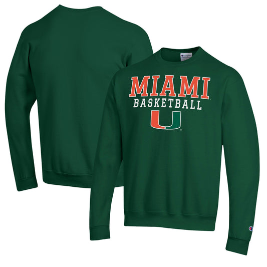 Men's Champion Green Miami Hurricanes Basketball Stack Pullover Crewneck Sweatshirt