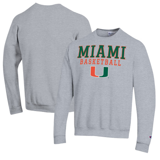 Men's Champion Heather Gray Miami Hurricanes Basketball Stack Pullover Crewneck Sweatshirt