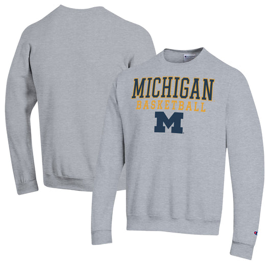 Men's Champion Heather Gray Michigan Wolverines Basketball Stack Pullover Crewneck Sweatshirt