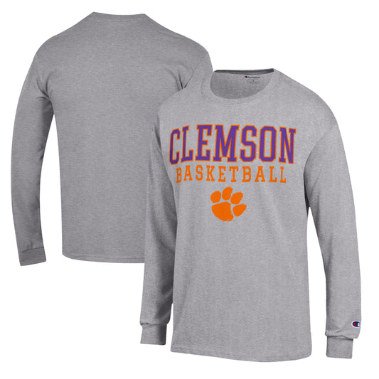 Men's Champion Heather Gray Clemson Tigers Basketball Stack Long Sleeve T-Shirt