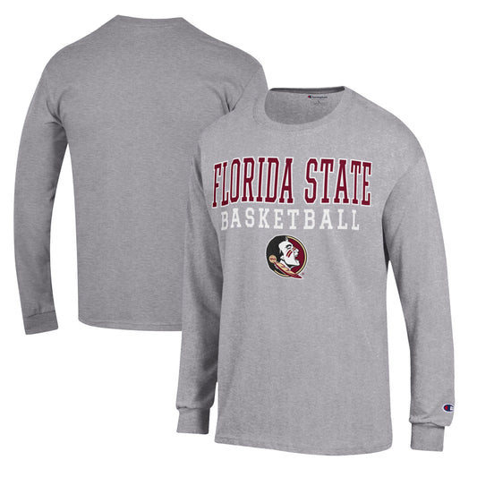 Men's Champion Heather Gray Florida State Seminoles Basketball Stack Long Sleeve T-Shirt