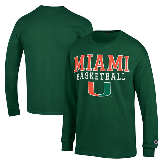 Men's Champion Green Miami Hurricanes Basketball Stack Long Sleeve T-Shirt