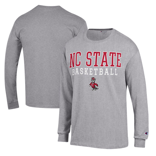 Men's Champion Heather Gray NC State Wolfpack Basketball Stack Long Sleeve T-Shirt