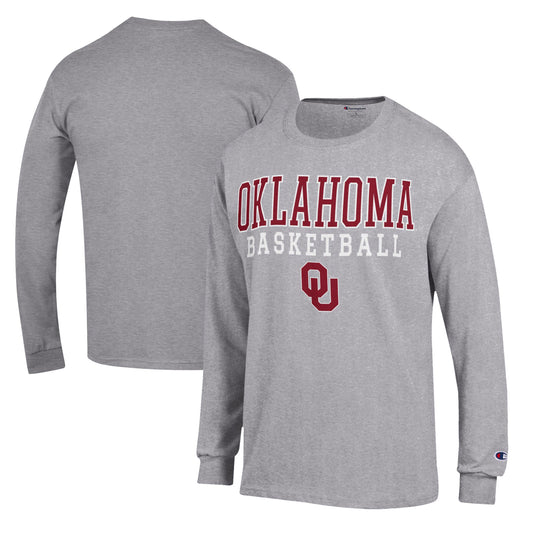 Men's Champion Heather Gray Oklahoma Sooners Basketball Stack Long Sleeve T-Shirt