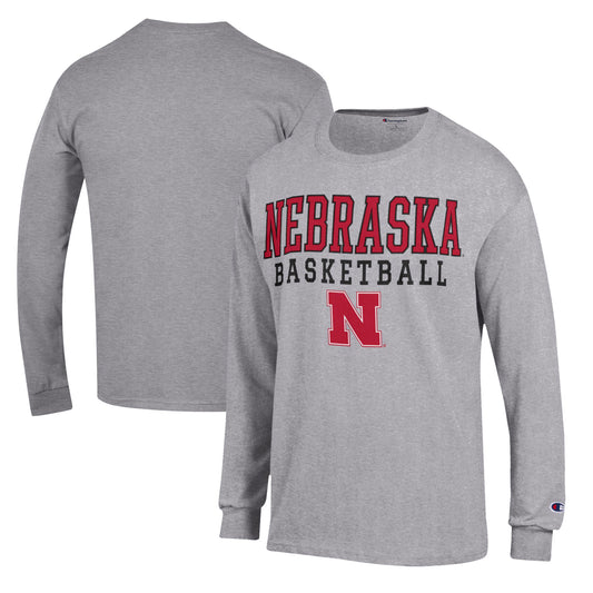 Men's Champion Heather Gray Nebraska Huskers Basketball Stack Long Sleeve T-Shirt