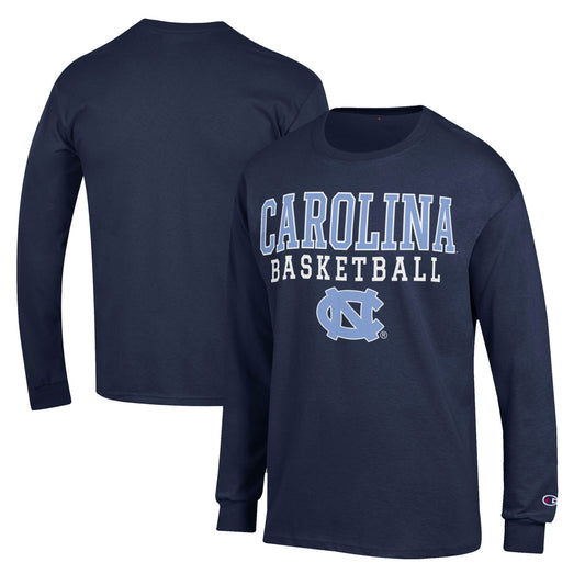 Men's Champion Navy North Carolina Tar Heels Basketball Stack Long Sleeve T-Shirt