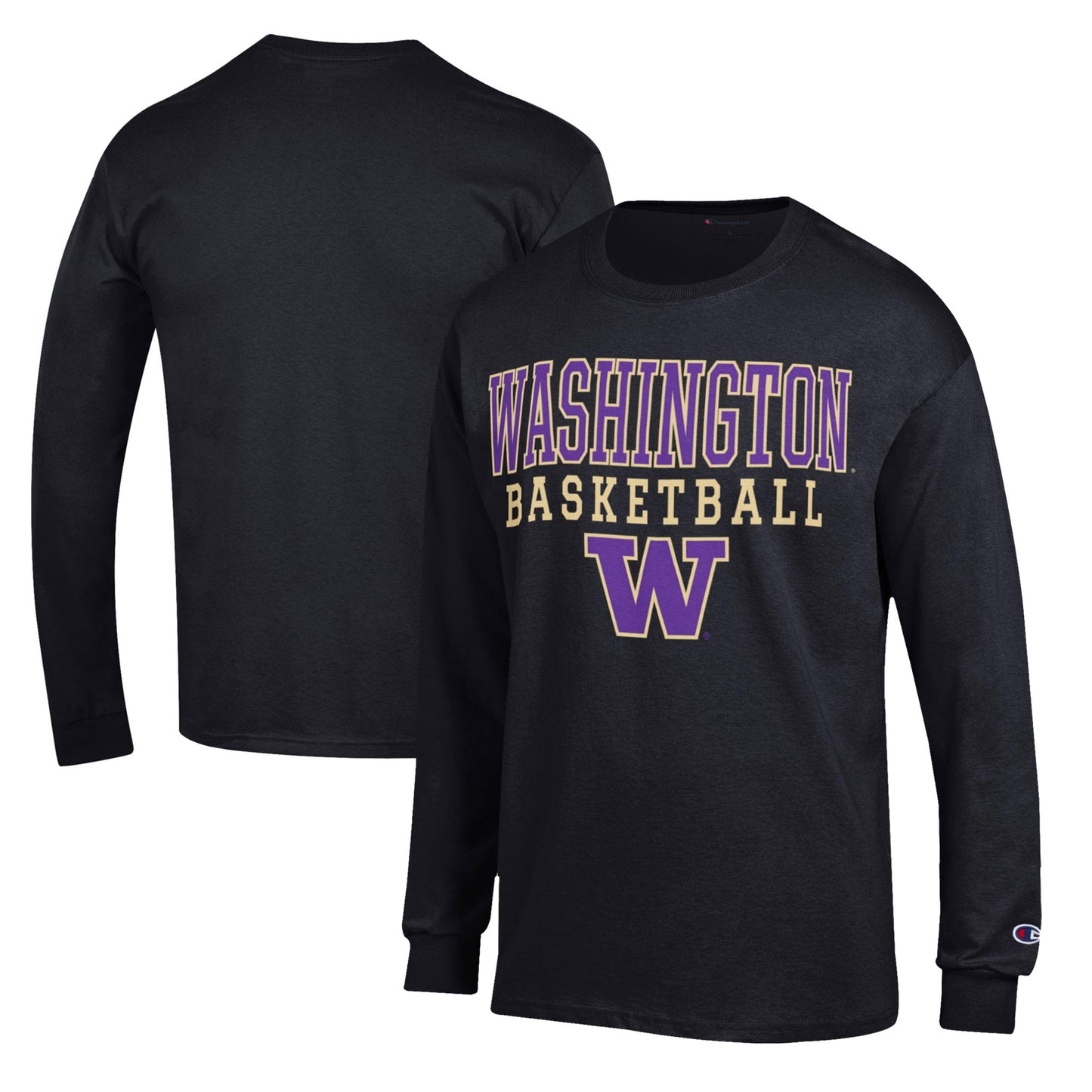 Men's Champion Black Washington Huskies Basketball Stack Long Sleeve T-Shirt