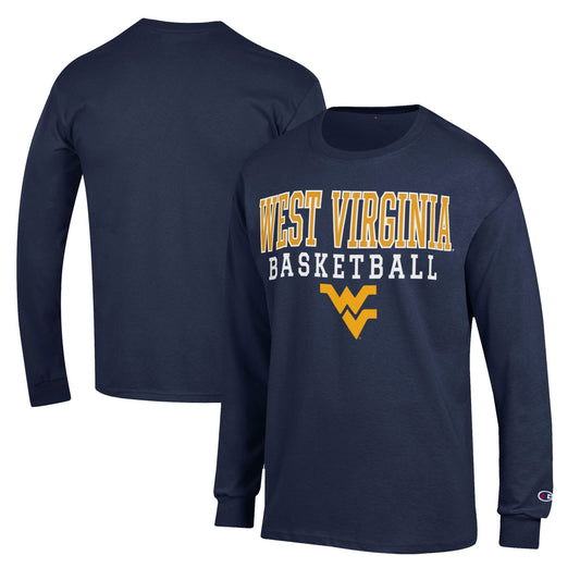 Men's Champion Navy West Virginia Mountaineers Basketball Stack Long Sleeve T-Shirt