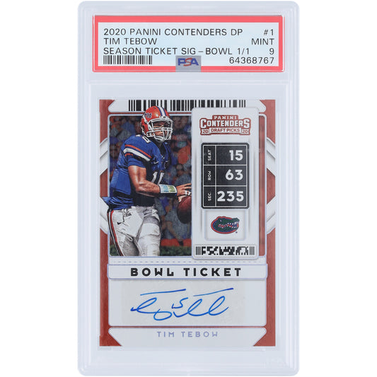 Tim Tebow Florida Gators Autographed 2020 Panini Contenders DP Bowl Ticket #1 #1/1 PSA Authenticated 9 Card
