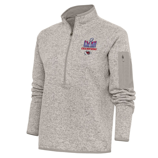 Women's Antigua Oatmeal Kansas City Chiefs Super Bowl LVIII Champions Fortune Half-Zip Sweatshirt