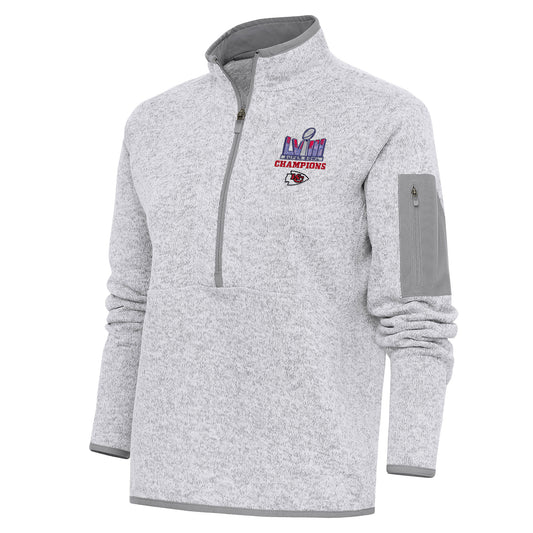 Women's Antigua Heather Gray Kansas City Chiefs Super Bowl LVIII Champions Fortune Half-Zip Sweatshirt