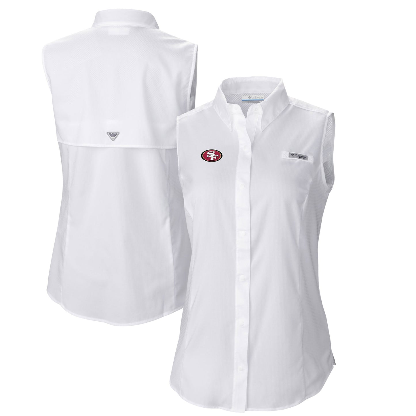 Women's Columbia  White San Francisco 49ers PFG Tamiami Omni-Shade Sleeveless Button-Up Shirt
