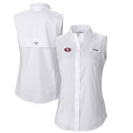 Women's Columbia  White San Francisco 49ers PFG Tamiami Omni-Shade Sleeveless Button-Up Shirt