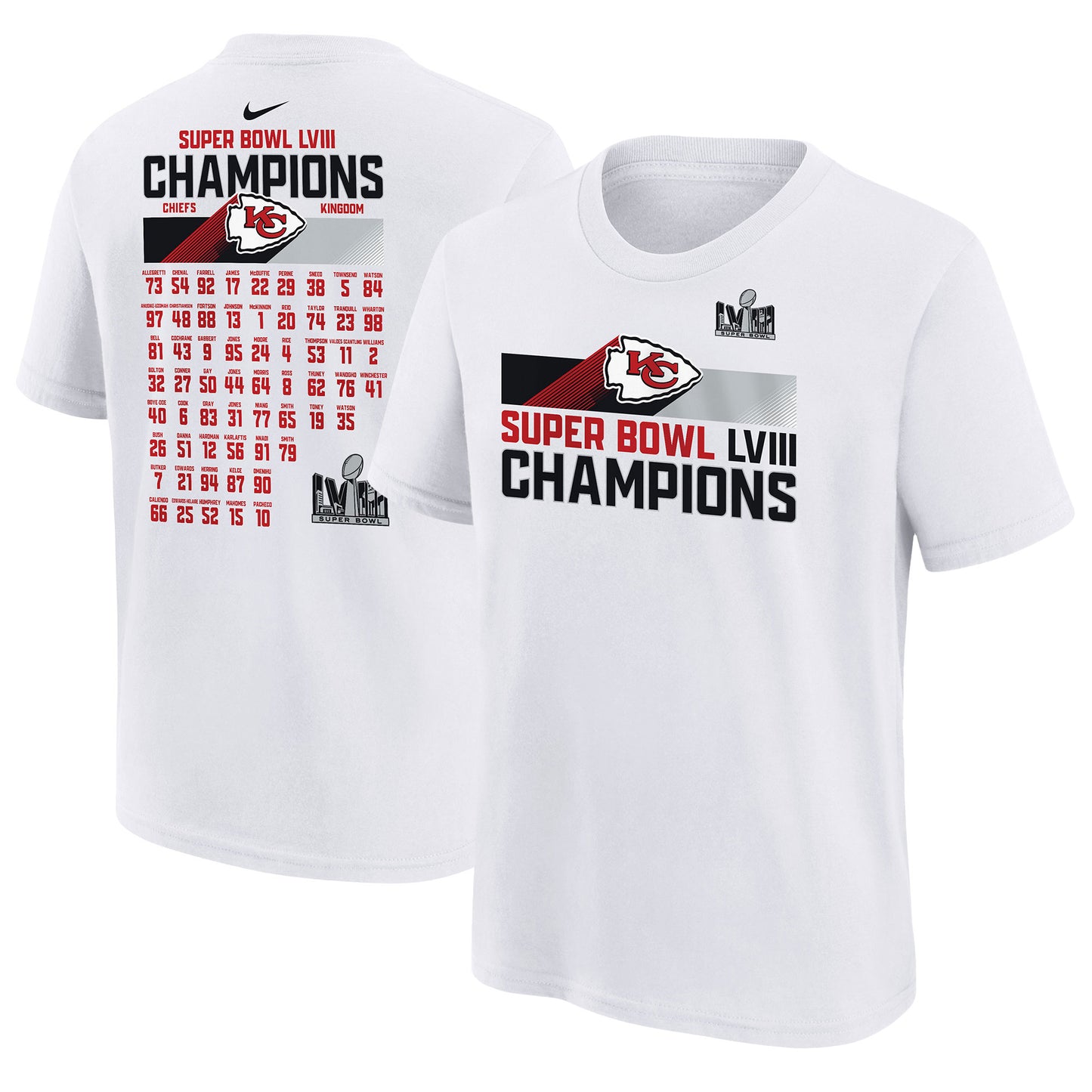 Youth Nike  White Kansas City Chiefs Super Bowl LVIII Champions Roster T-Shirt