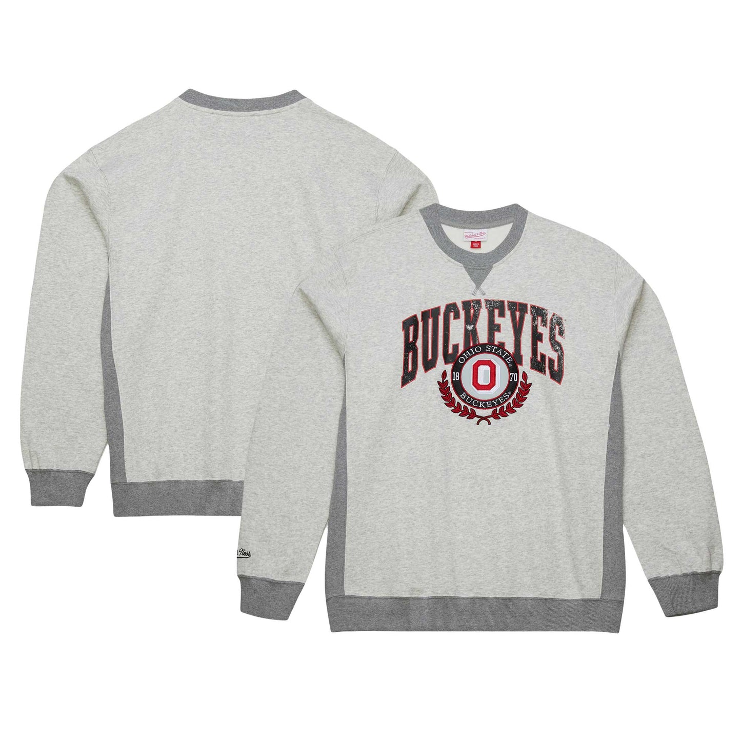 Men's Mitchell & Ness Heather Gray Ohio State Buckeyes Arched Fleece Crewneck Pullover Sweatshirt