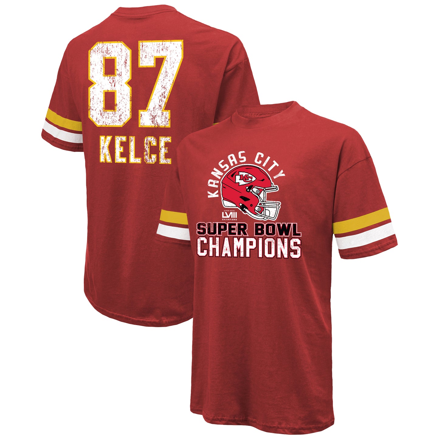 Men's Majestic Threads Travis Kelce Red Kansas City Chiefs Super Bowl LVIII Name & Number Oversized T-Shirt