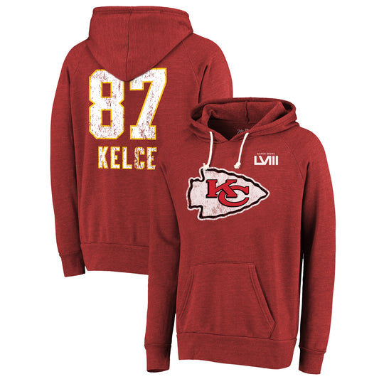 Men's Majestic Threads Travis Kelce Red Kansas City Chiefs Super Bowl LVIII Player Name & Number Tri-Blend Pullover Hoodie