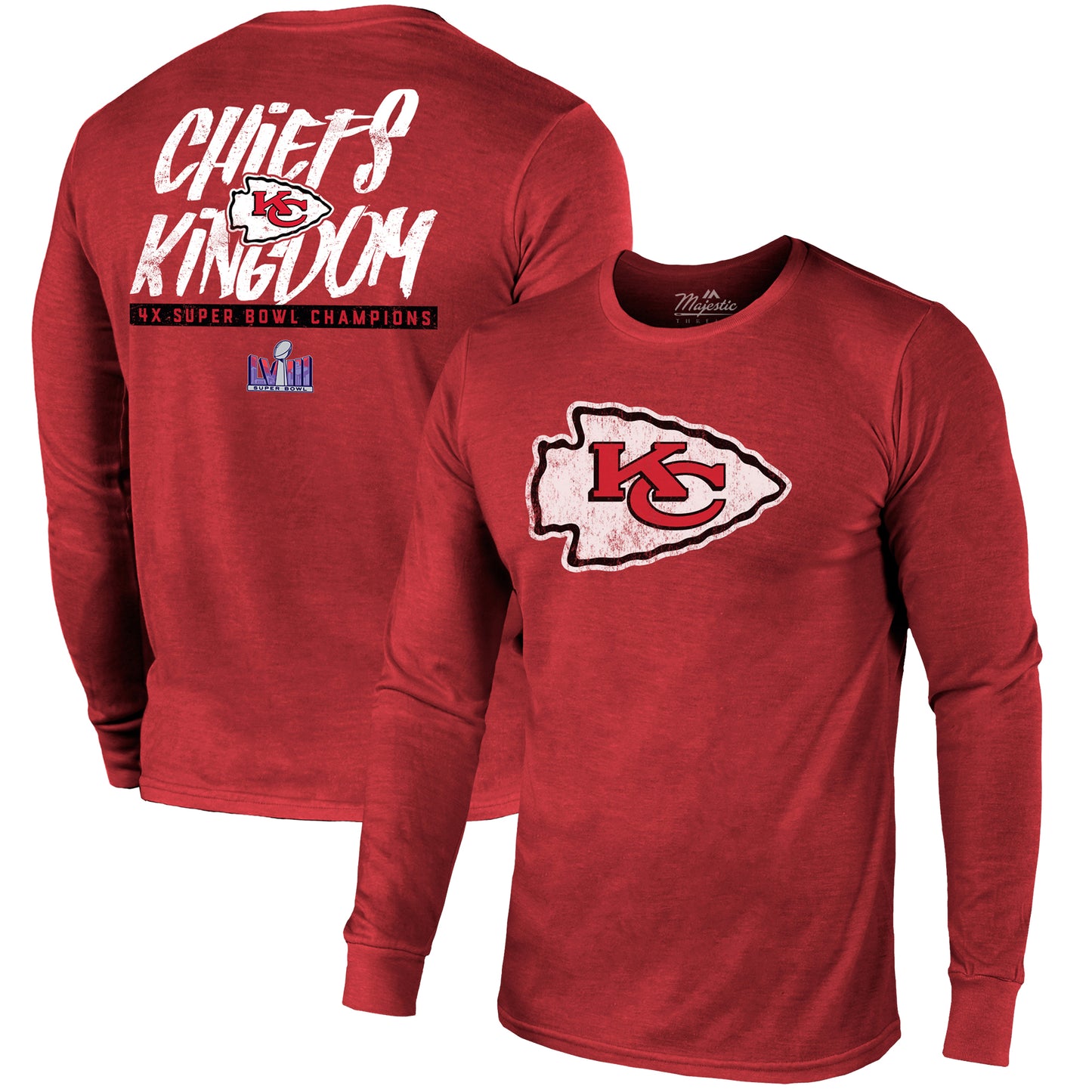 Men's Majestic Threads Red Kansas City Chiefs Super Bowl LVIII Champions Tri-Blend Back Hit Long Sleeve T-Shirt