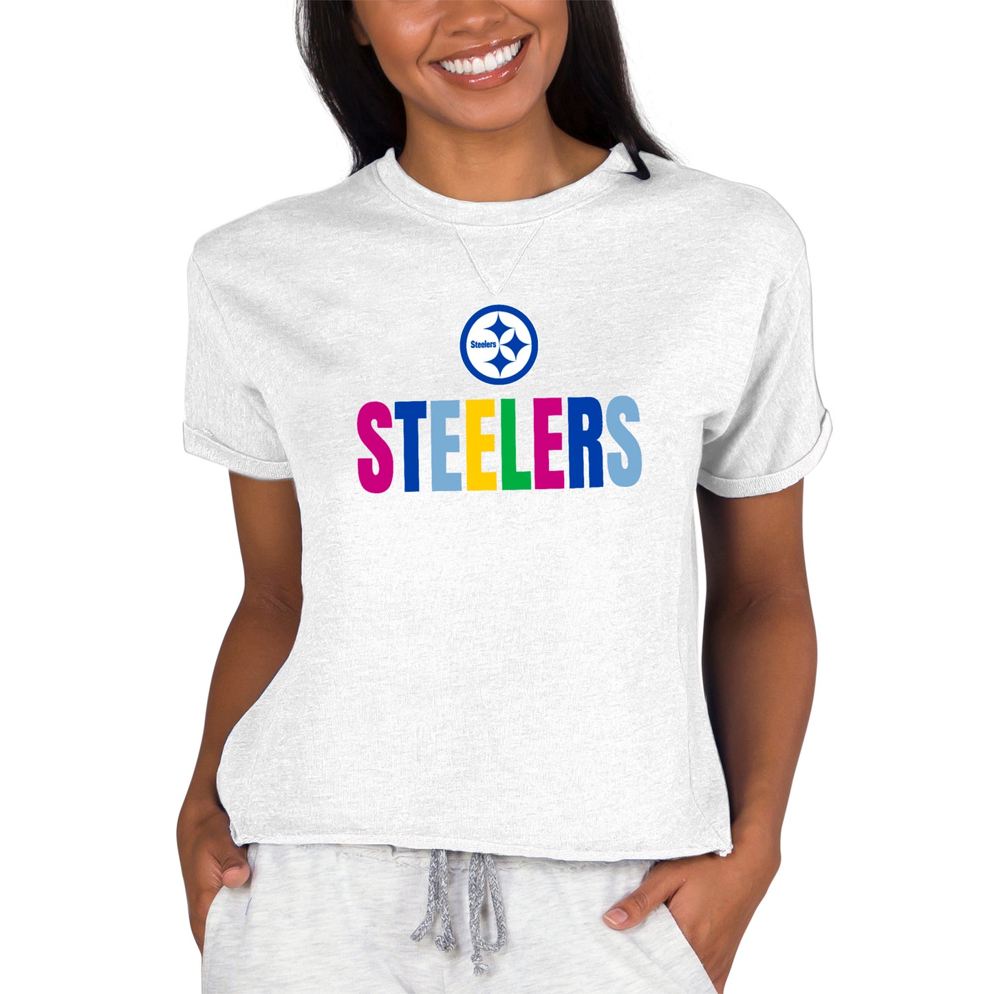 Women's Concepts Sport Oatmeal Pittsburgh Steelers Tri-Blend Mainstream Terry Short Sleeve Sweatshirt Top