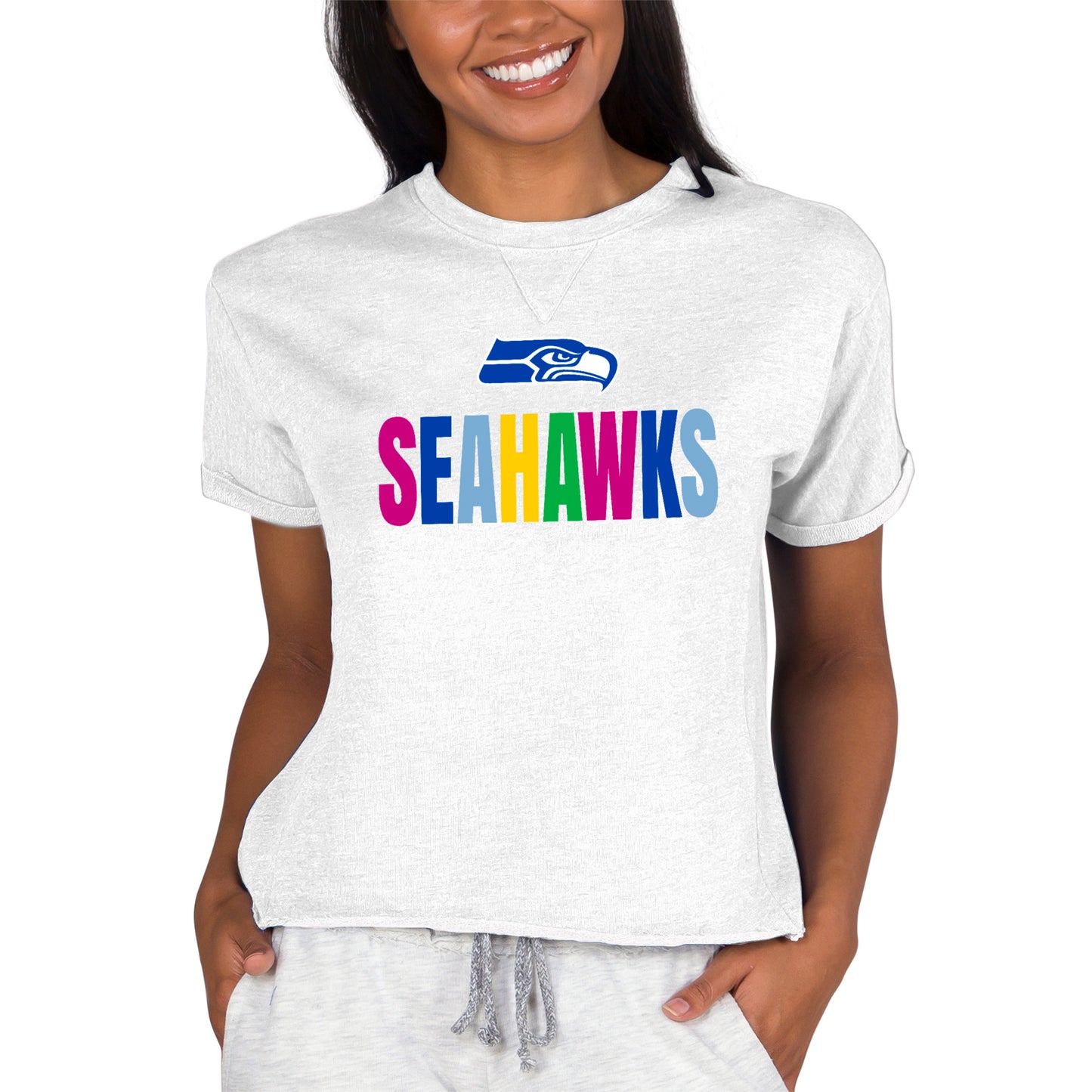 Women's Concepts Sport Oatmeal Seattle Seahawks Tri-Blend Mainstream Terry Short Sleeve Sweatshirt Top