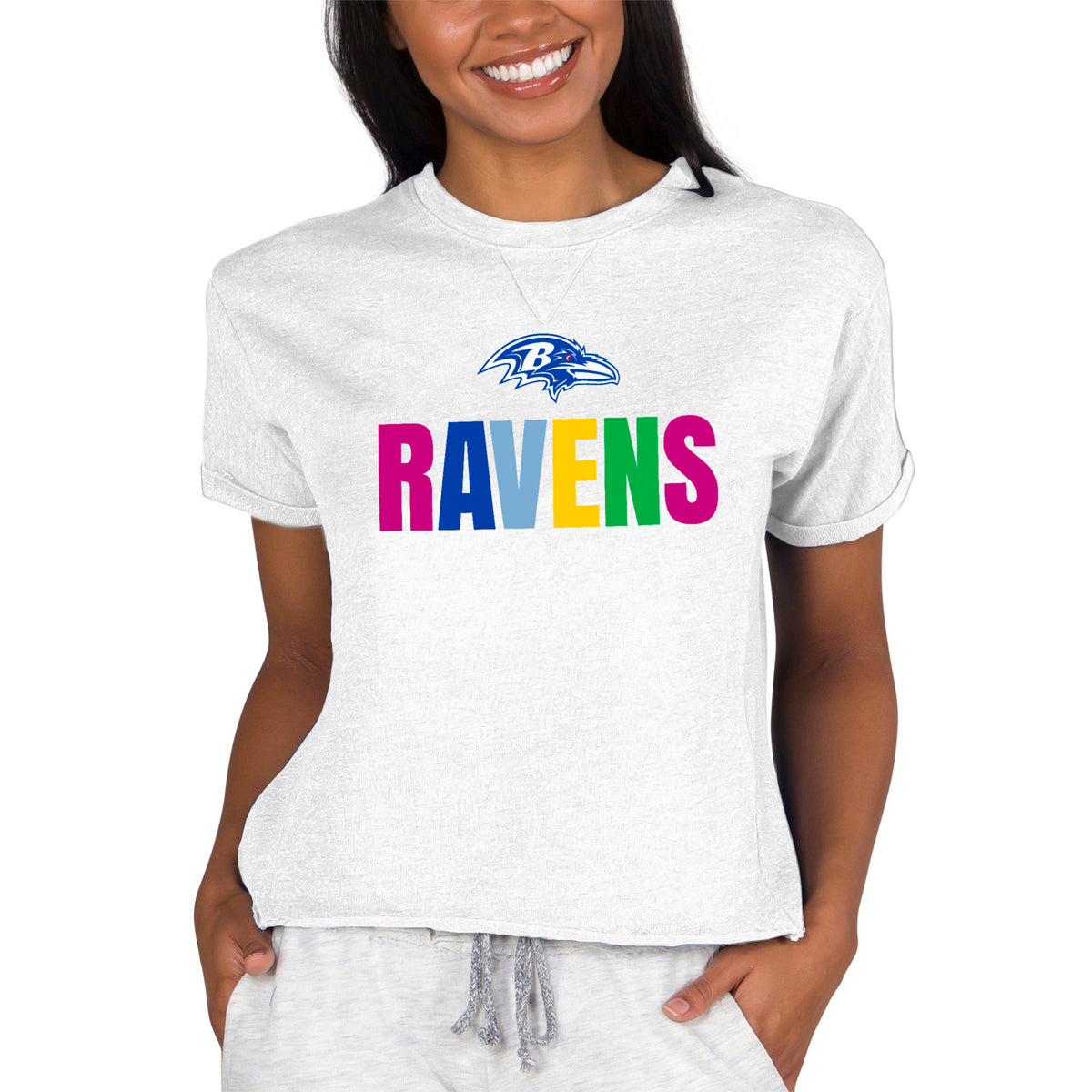 Women's Concepts Sport Oatmeal Baltimore Ravens Tri-Blend Mainstream Terry Short Sleeve Sweatshirt Top