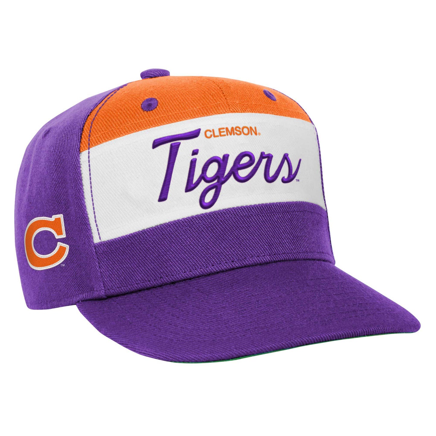 Youth Mitchell & Ness White/Purple Clemson Tigers Retro Sport Color Block Script Snapback Hat