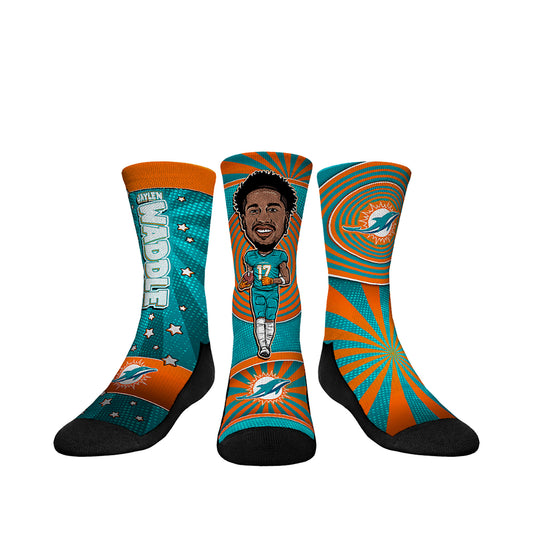 Youth Rock Em Socks Jaylen Waddle Miami Dolphins Three-Pack Bobblehead Crew Socks Set