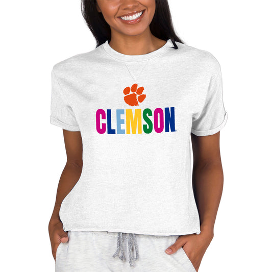 Women's Concepts Sport Oatmeal Clemson Tigers Tri-Blend Mainstream Terry Short Sleeve Sweatshirt Top