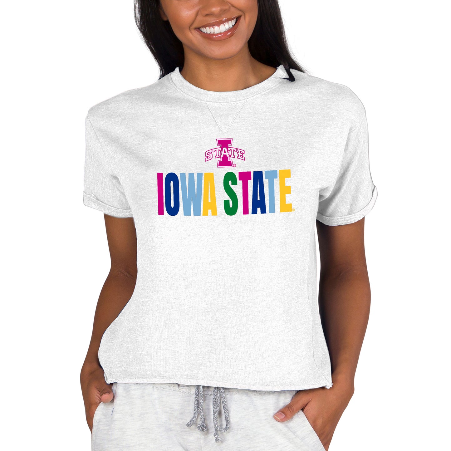 Women's Concepts Sport Oatmeal Iowa State Cyclones Tri-Blend Mainstream Terry Short Sleeve Sweatshirt Top