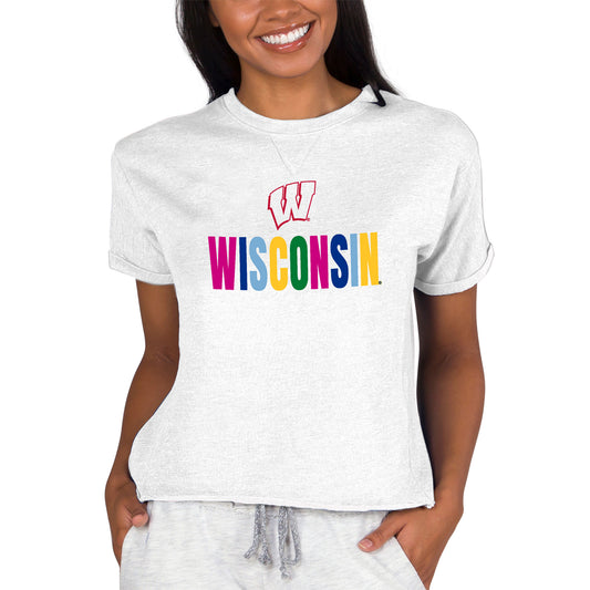 Women's Concepts Sport Oatmeal Wisconsin Badgers Tri-Blend Mainstream Terry Short Sleeve Sweatshirt Top