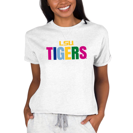 Women's Concepts Sport Oatmeal LSU Tigers Tri-Blend Mainstream Terry Short Sleeve Sweatshirt Top