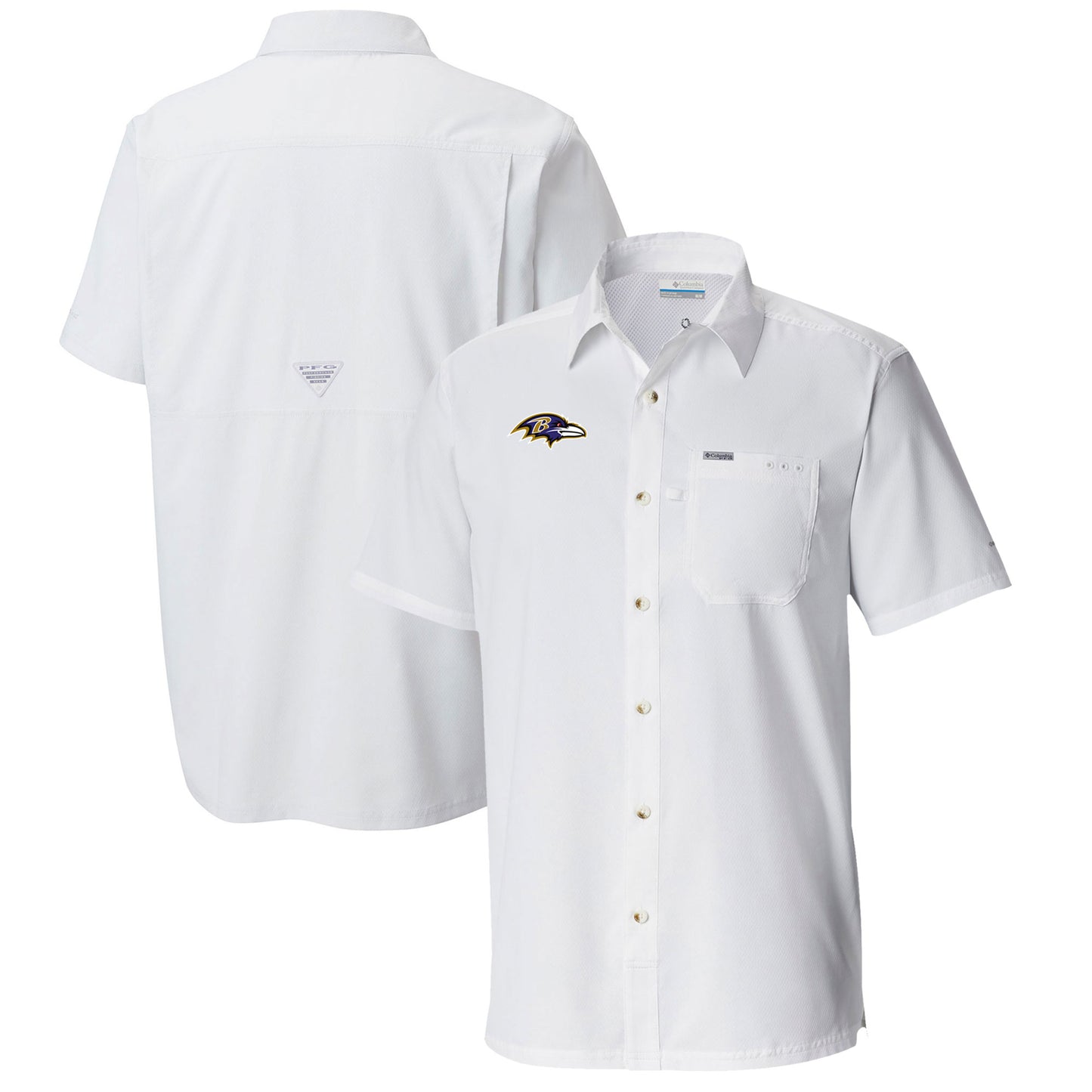 Men's Columbia  White Baltimore Ravens Slack Tide Omni-Wick Button-Up Camp Shirt